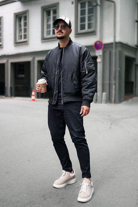 Men's Black Bomber Jacket. Perfect For Stylish Men. Men's Coats, Men's Jackets. Men Black Jacket Outfit, All Black Outfit Men Street Styles, Mens Night Out Fashion, Jacket Black Outfit, Black Jacket Outfit, Black Sweater Outfit, Black Outfit Men, Jacket Outfit, Black Olive