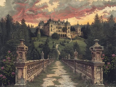 Painting Landscape Aesthetic, Landscape Aesthetic, European Palace, Art Painting Landscape, Fantasy Places, Fantasy Art Landscapes, Aesthetic Painting, Ethereal Art, A Castle