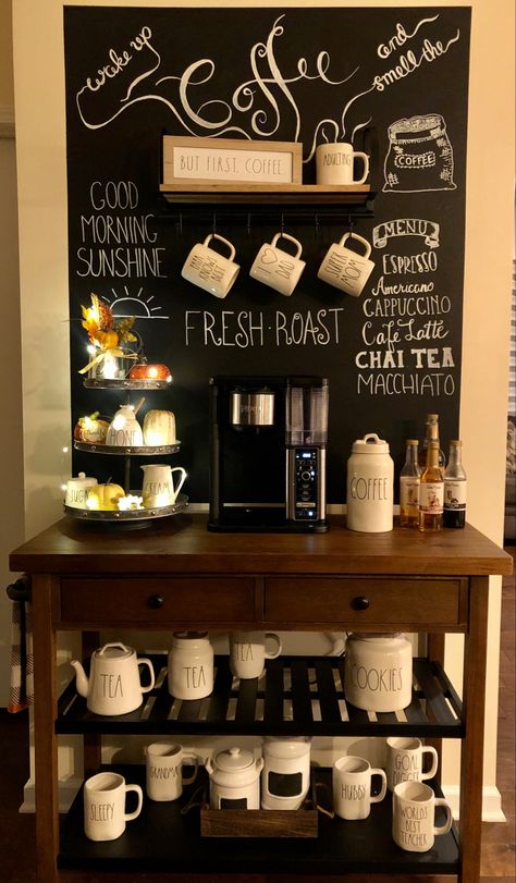 Coffee Chalkboard, Coffee Bar Ideas Kitchen Counter, Coffee Bar Cart, Coffee Area, Coin Café, Coffee Bar Station, Diy Coffee Bar, Coffee Bar Design, Homemade Signs