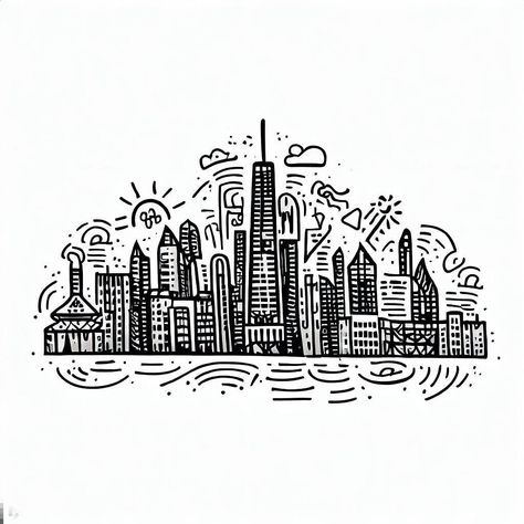 A doodle of the Chicago River, complete with boats and the city's famous architecture reflected in the water. Chicago Doodles, Crowd Sketch, Famous Architecture, Chicago River, Lessons For Kids, Boats, Chicago, Doodles, For Kids