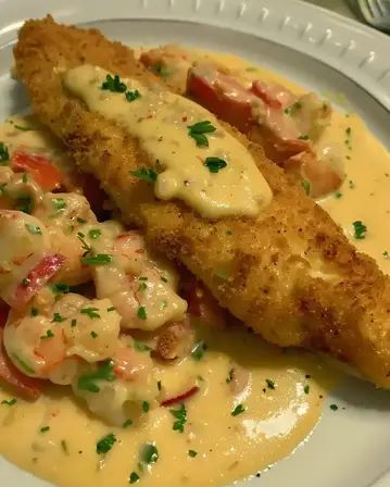 Fried Catfish with Crawfish Au Gratin Sauce combines crispy catfish with creamy crawfish sauce for a Southern delight. Try it tonight! Catfish Opelousas Recipe, Catfish Sauce, Crawfish Sauce, Catfish Recipes, Fried Catfish, Special Dinner, Catfish, Cornbread, Try It