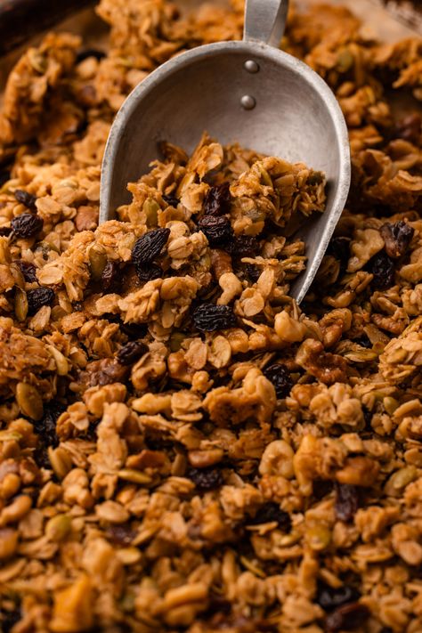 A metal scoop filled with maple walnut granola on a sheetpan. Maple Walnut Granola, Walnut Granola, Dried Apple Rings, Granola Clusters, Delicious Meal Prep, Prep Breakfast, Crunchy Granola, Maple Walnut, Family Eating