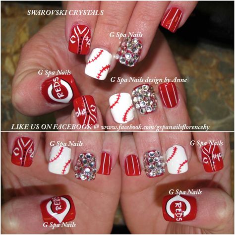 CINCINNATI RED NAILS - so need to find someone to do this for me! Cincinnati Bengals Nails Designs, Cincinnati Reds Nails, Baseball French Tip Nails, Cubs Nails Baseball, Giants Nails Baseball, School Nail Art, Baseball Nails, Sports Nails, Football Nails