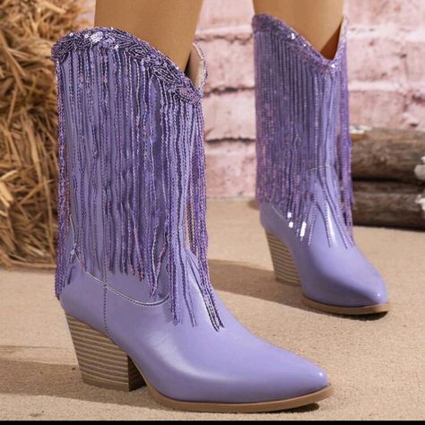 Purple Tassel Decor Hi-Heeled Pointed Toe Chunky Heeled Cowboy Boots Slip-On Upper Material: Fabric Lining Material: Fabric Insole Material: Fabric Outsole Material: Tpr Glitzy Cowgirl, Purple Cowgirl, Purple Cowboy Boots, Heeled Cowboy Boots, Boots Colorful, Tassel Decor, Tassels Decor, Pink Cow, Cowgirl Boots