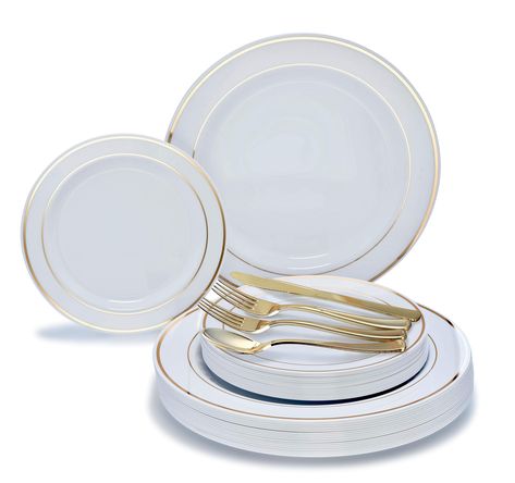 OCCASIONS 720 PCS / 120 GUEST Wedding Disposable Plastic Plate and Silverware Combo Set White/Gold Rim plates Gold silverware * See this great product.-It is an affiliate link to Amazon. #kitchenutensils Gold Rim Plates, Plastic Plates Wedding, Gold Plastic Silverware, Plastic Party Plates, Gold Silverware, Disposable Plastic Plates, Plastic Silverware, Elegant Dinner, Disposable Plates