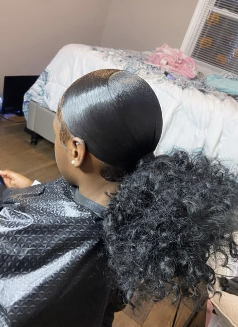 Slick Back Puffy Ponytail Weave, Curly Puffy Ponytail, High Puff Ponytail Weave, V Part Bun, Puffy Ponytail Hairstyles Black Women, Genie Ponytail Weave, Slick Ponytail, Natural Hair Bun Styles, Weave Ponytail Hairstyles