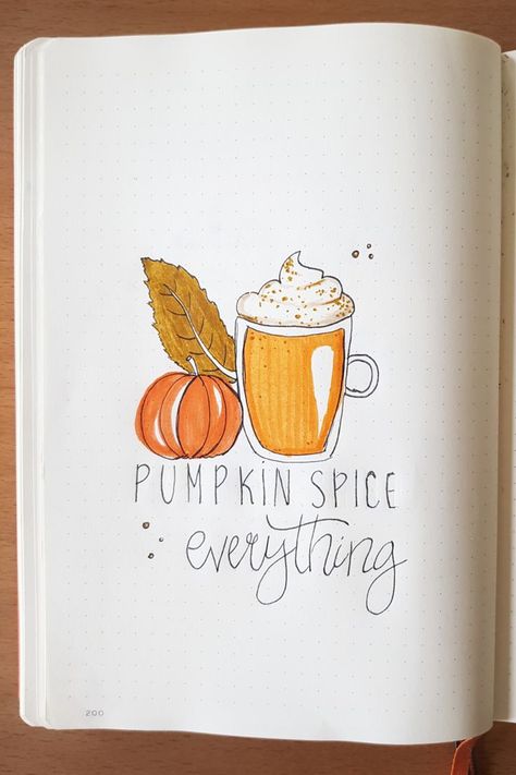 Pumpkin Spice Doodle, Pumpkin Journal Ideas, October Notebook Ideas, Fall Bujo Ideas, Autumn Bullet Journal Ideas, Pumpkin Spice Drawing, October Bujo Ideas, November Bujo Ideas, Bullet Journal Autumn Theme