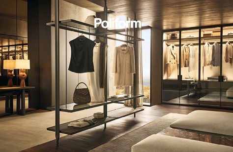 A wardrobe area where the classic wardrobes with glass doors stand together with the upright night system, in a special ceiling configuration. Dresses and accessories remain visible, to complete a picture of taste and style. In this photo: Lexington walk-in closet, by R&D Poliform, mat ardesia floor-ceiling uprights and levelling feet in nickel ardesia. Senzafine Plus glass wardrobe, design R&D Poliform, leaf doors in reflective transparent glass with mat ardesia frame, Plus ardesia handles. Chest Of Drawers Design, Glass Wardrobe, Contemporary Closet, Trouser Hangers, Slate Wall, Walk In Closets, Floor Ceiling, Chests Of Drawers, Contemporary Furniture Design