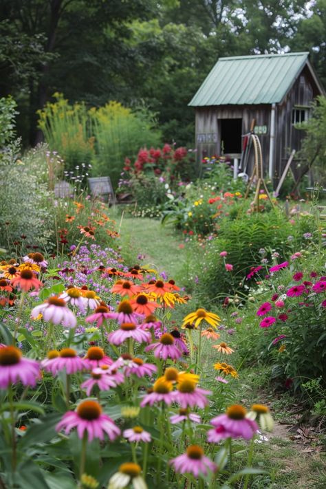 Wildflower Home Garden, Backyard Cottage Garden Ideas, Garden Along House Wall, Farmhouse Style Garden, Cottage Garden With Vegetables, Large Cottage Garden, Flower Garden Cottagecore, European Cottage Garden, Rustic Gardens Ideas