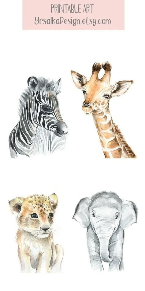 Watercolor Animal Art, Jungle Safari Nursery, Animal Nursery Wall Art, Safari Nursery Art, Baby Animal Drawings, Baby Animal Nursery, Animal Wall Art Nursery, 4 Baby, Safari Nursery Decor