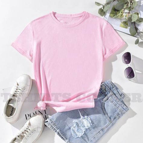 Pink Tshirt Outfit Woman, Hype Tshirt, Pink Tshirt Outfit, College Teacher, Teacher Outfit, Shirt Template, Clothing Photography, Clothing Mockup, Round Neck Tees