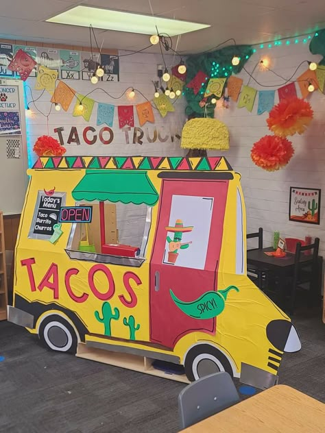 Diy Taco Truck Cardboard, Taco Shop Dramatic Play, Taco Truck Party Ideas, Taco Truck Trunk Or Treat Diy, Taco Truck Birthday Party, Taco Truck Dramatic Play, Taco Truck Trunk Or Treat, Food Truck Decor, Food Truck Party Vbs Decorations