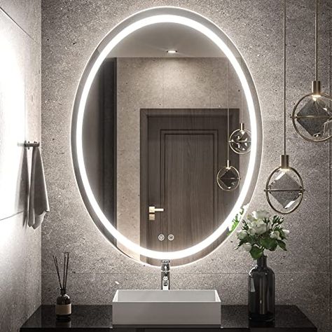 Grey Bathroom Mirrors, Setting Makeup, Lit Mirror, Oval Mirror Bathroom, Bathroom Mirror Design, Vanity Mirror With Lights, Bathroom Led, Led Bathroom Mirror, Backlit Mirror