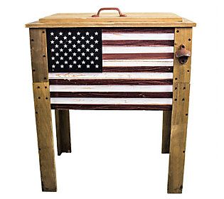 When you own this cooler -- featuring the stars and stripes -- you're ready for the big party! From Backyard Expressions. Wood Cooler, Wooden Cooler, Patio Cooler, Wooden Patio, Wooden Patios, Wooden American Flag, Rustic Hardware, Wooden Flag, Into The Wood