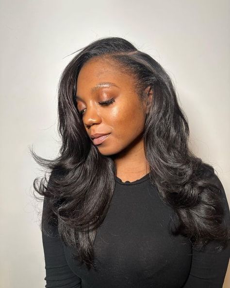 Side Part U Part Wig With Leave Out, Yaki Sew In Weave With Leave Out, Wig Behind Hairline, Side Part Traditional Sew In, Shoulder Length Sew In, Sew In With Side Part, Side Part Leave Out, Side Part Sew In With Leave Out, Long Bob Sew In