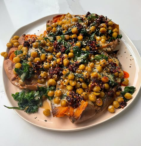 Sweet Potatoes With Tahini Butter Chickpeas — Bunch Bake A Sweet Potato, Tahini Butter, Butter Chickpeas, Easy Vegan Recipes, Calendar Icon, Crispy Chickpeas, Vegan Condiments, Butter Sauce, Vegan Recipes Easy