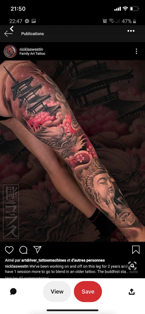 Leg Tattoos Women Sleeve, Chinese Sleeve Tattoos, Thigh Sleeve Tattoo, Buddha Tattoo Sleeve, Japanese Tattoo Women, Cute Thigh Tattoos, Girl Thigh Tattoos, Arm Sleeve Tattoos For Women, Hip Thigh Tattoos