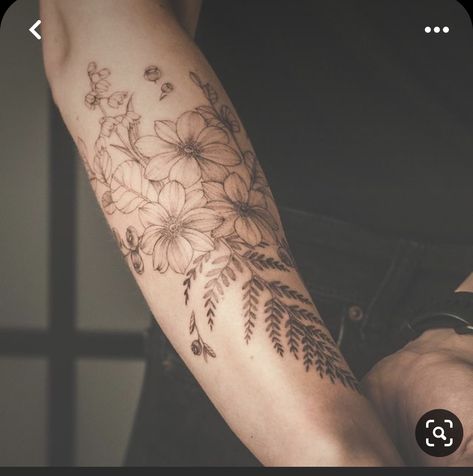 Fern And Floral Tattoo, Fern With Flowers Tattoo, Fern Floral Tattoo, Forest Flower Tattoo, Forest Flowers Tattoo, Fine Line Forest Tattoo, Fern Flower Tattoo, Fine Line Flower Tattoo Sleeve, Fern And Flower Tattoo