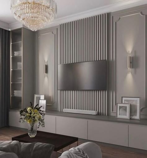 Tv Wall Design Living Room Classic, Tv Wall New Classic, Tv Wall Design Grey, Neoclassical Interior Design Living Room, Feature Wall Living Room, Latest Living Room Designs, Tv Room Design, Tv Wall Design, Living Room Design Decor