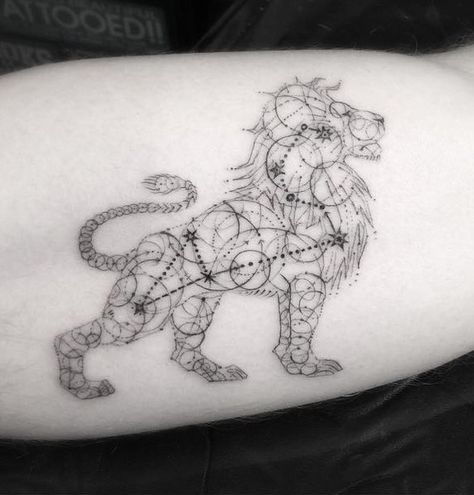 Leo tattoo Lion Constellation Tattoo, Pisces Leo Tattoo, Lion Star Sign Tattoo, Geometric Leo Tattoo, Leo Horoscope Tattoo, Leo Sign Tattoo Ideas, Lion Zodiac Tattoo, Leo Star Sign Tattoo, Leo Tattoo Ideas