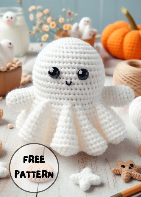 crochet animals free patterns halloween #Amigurumi_Patterns #Free_Ghost_Amigurumi_Pattern #Crochet_Ghost_Wind_Spinner #Cauldron_Coasters_Crochet White Crochet Patterns Free, Crochet Ghost With Witch Hat, Crochet Ghost Plush, Crochet Ghost Pattern Free, Crocheted Ghost, Ghost Amigurumi, Spooky Crochet, Ghost Crochet, Scrap Crochet