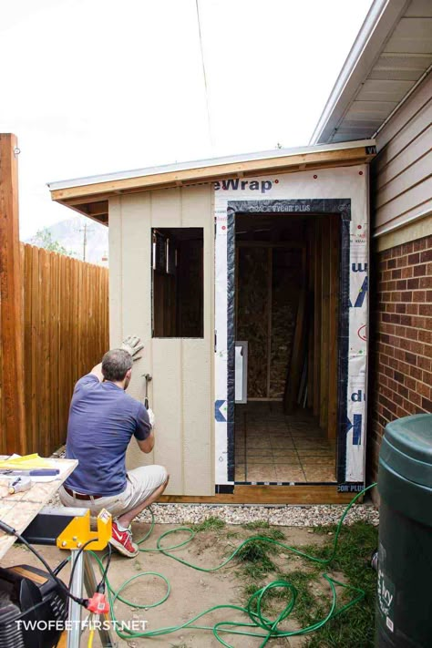 Do you need another place to store your yard tools? It's time for a shed! And here is the process of how to install siding and trim on a DIY shed. #twofeetfirst #shed #shedplans #roof Shed In Backyard, Shed Siding, Small Shed, Build A Shed, Diy Storage Shed, Shed Building, Siding Trim, Wood Shed Plans, Cheap Sheds