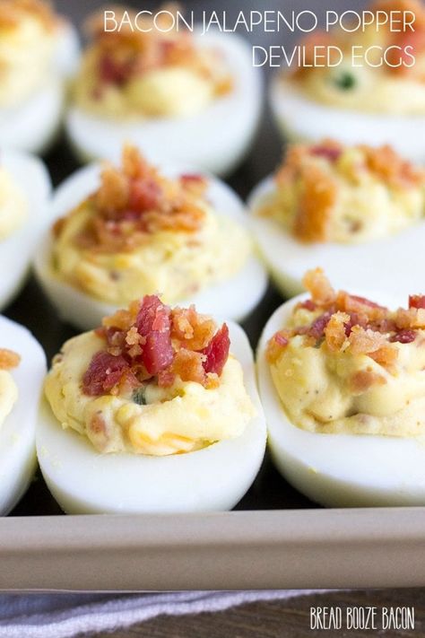 Bacon Jalapeno Popper Deviled Eggs are an addictively good appetizer that'll leave everyone wanting more! Appetizer Night, Candied Bacon Recipe, Jalapeno Deviled Eggs, Devil Eggs, Bacon Jalapeno Poppers, Bread Booze Bacon, Bacon Deviled Eggs, Stuffed Jalapenos With Bacon, Jalapeno Popper