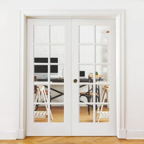 French 10 Lite Clear Glass MDF Interior Double Door - Krosswood Interior Office Doors, Home Office Double Doors, Office French Doors Study, Interior French Doors, French Doors To Office, French Doors Office, Home Office With French Doors, Office With French Doors, 5 Panel Doors