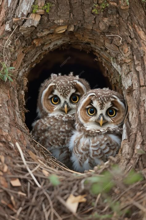 Premium Photo | Two baby owls inside the tree hole nest peeking out in the forest Owl Feet Drawing, Animals Of The Forest, Animals In Trees, Owl Chicks, Owl Aesthetic, Owl Beautiful, Cozy Animals, Tree Hole, Animals In Nature