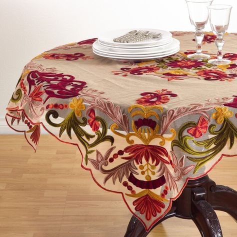 Saro Alessandra Embroidered Tablecloth & Reviews | Wayfair Formal Table Setting, Embroidered Tablecloth, Square Tablecloth, Table Cloths, Table Linen, Linen Tablecloth, Embroidered Design, Rustic Country, Tablecloths