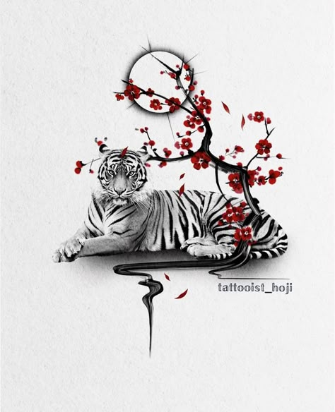 White Tiger Cherry Blossom Tattoo, Tiger Chinese Zodiac Tattoo, Tiger With Cherry Blossom Tattoo, Japanese Tiger Sleeve Tattoo, Traditional Japanese Tiger Tattoo, Year Of The Tiger Tattoo, Japanese Culture Tattoo, Chinese Tiger Tattoo, Tigre Y Dragon