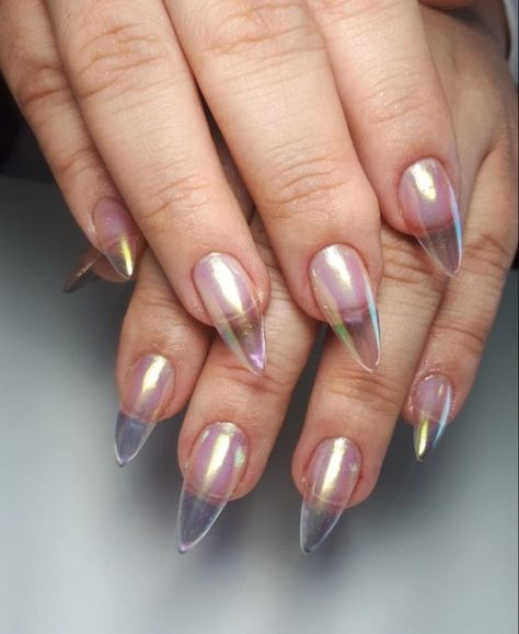 Chrome Transparent Nails, Clear Glass Nail Designs, Clear Tip Nails, Glass Manicures, Transparent Nails Design, Transparent Acrylic Nails, Glass Nail Design, Fresh Nail Ideas, Irridescent Nails