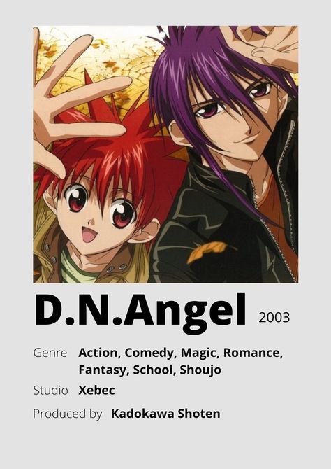 Anime Title, D N Angel, Posters Anime, Poster Information, Anime Minimalist Poster, Angel Posters, Movie Card, Anime List, Kyoto Animation