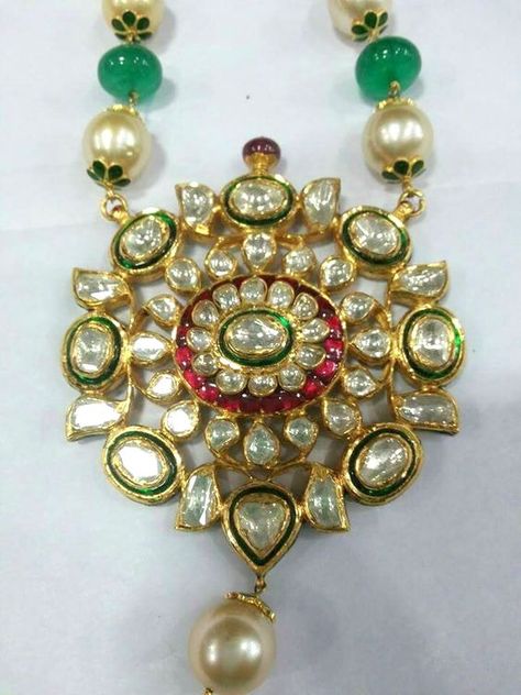 Indian Jadau polki | Traditional | Indian | Bridal | Wedding | Kundan Meena | Jadau | Hallmarked | Gold | Enamel Zevaremporium | Zevar | emporium Jadtar Pendant Set, Kundan Lockets, Jadau Pendant Set, Kundan Pendants, Polki Pendant Set, Kundan Pendant Set, Jadau Necklace, Jaipur Jewelry, Jadau Jewellery