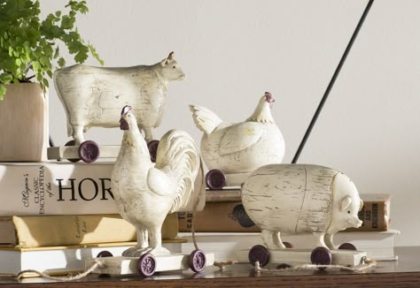 Farleigh Hungerford Vintage Farm Animals on Wheels (Set of 4) Hobby Lobby Shelf, Aesthetic Farm, Magnolia Kitchen, Rooster Statue, Farmhouse Life, Black White Decor, Cotton Toys, Living Room Mantel, Ceramic Framed