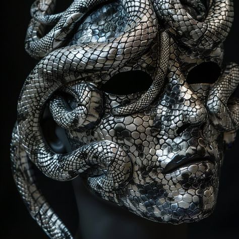 This stunning, handcrafted Medusa mask is a true work of art. Featuring an intricate design of intertwined snakes in silver tones, it captures the mystical and fascinating essence of ancient mythology. Every scale and curve has been meticulously crafted to create a piece that is both elegant and terrifying. By putting it on, you not only acquire a mask, but a jewel of mystery and supernatural beauty that turns any occasion into a memorable event. All models are made in Italy and France ⬇️  and d Male Medusa, Medusa Mask, Snake Mask, Intertwined Snakes, Art Mannequin, Gorgon Medusa, Face Mask Aesthetic, New Halloween Costumes, Horror Masks