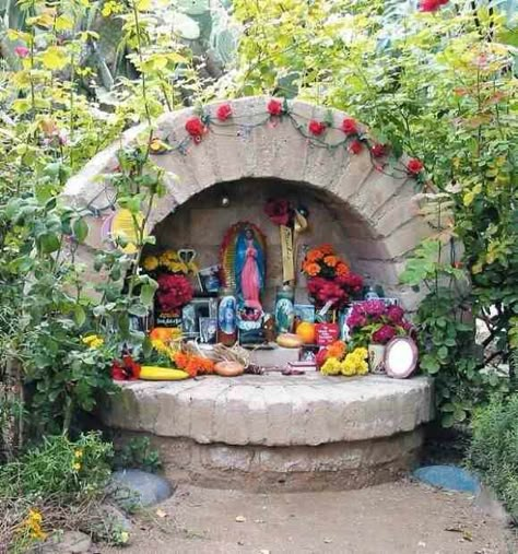 altar de jardin, garden altar Garden Alter, Outdoor Shrine, Outdoor Altar, Marian Garden, Sacred Space Altar, Mexican Garden, Prayer Garden, Prayer Corner, Brick Exterior House