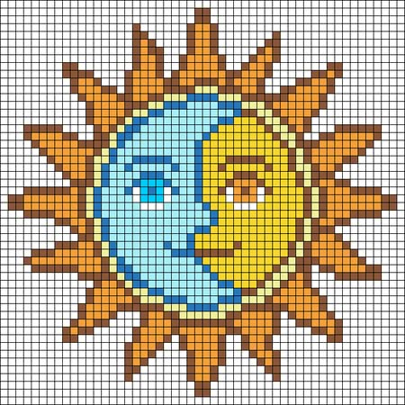 Plastic Canvas Sun, Sun And Moon Perler Beads, Sun Perler Bead Pattern, Alpha Patterns Funny, Sun And Moon Pixel Art, Sun Pixel Art, Cross Stitch Art Pattern, Moon Half, Moon Cross Stitch Pattern