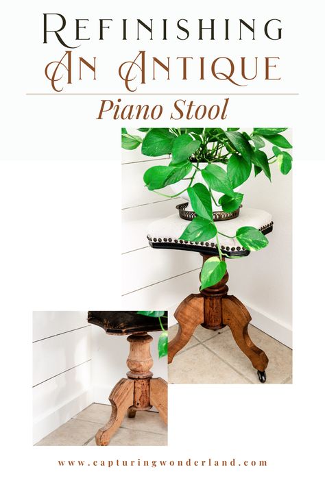 In this quick tutorial I am going to teach you exactly how you can refinish or restore an antique piano stool in a single afternoon. The nice thing about refinishing a smaller piece like an antique piano stool is it's a really quick win. The added bonus is antique piano stools add character, charm, and function to your home without much effort. They are versatile styling pieces and can be used in a various amount of ways. #antiquepianostool #refinishingantiques #antiquefurniture #thriftflip Piano Stool Ideas, Repurposing Old Pianos, Furniture Made From Old Piano, Bench Made From Old Piano, Antique Piano Stool, Old Piano, Antique Piano, Paint Stir Sticks, Piano Stool