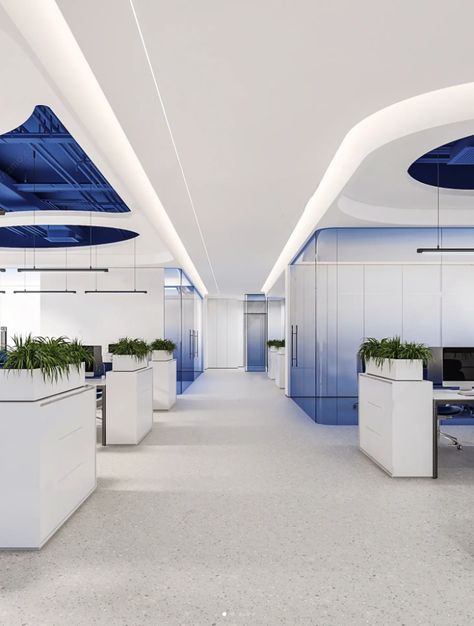 Forex Office Design, High Tech Laboratory, Cozy Office Design, Blue Office Aesthetic, Plane Interior Design, Office Design Blue, Blue Office Design, Technology Office Design, Cool Office Ideas