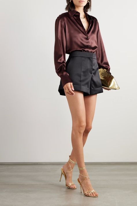 Satin Shorts Outfit, Silk Shorts Outfit, Pencil Skirt Outfits Casual, Silk Shirt Outfit, Satin Skirt Outfit, Pure Silk Dress, Rich Clothes, Pencil Skirt Outfits, Satin Shorts