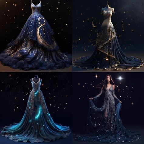 Ravenclaw Yule Ball Gowns, Starry Outfit, Blue Fantasy Dress, Constellation Dress, Xv Dresses, Moon Dress, Pretty Quinceanera Dresses, Fantasy Dresses, Royal Dresses