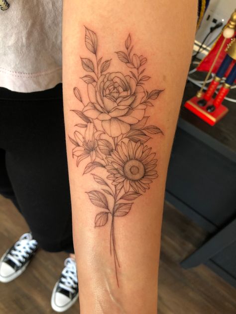 Carnation Sunflower Tattoo, Sunflower Rose And Lily Tattoo, Peony Sunflower Tattoo, Sunflower And Gladiolus Tattoo, Carnation And Sunflower Tattoo, Rose Lily Sunflower Tattoo, Sunflower Rose Bouquet Tattoo, Rose Lily Daisy Tattoo, Rose Tattoo Bouquet