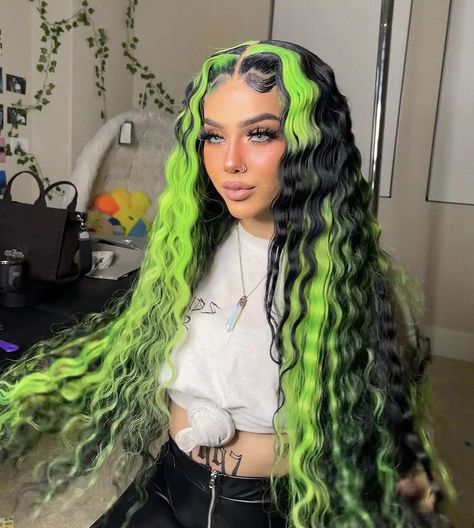 Neon Green Hair, Creative Hair Color, Green Wig, Crimped Hair, Hairdos For Curly Hair, Dope Hairstyles, Creative Hairstyles, Hair Inspo Color, Rainbow Hair