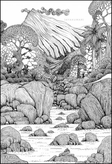 Landscape Ink Drawing, Line Drawing Nature, Mountain Drawings, Zantangle Art, Notan Art, Fineliner Art, Forest Drawing, Pen Art Work, Linear Art