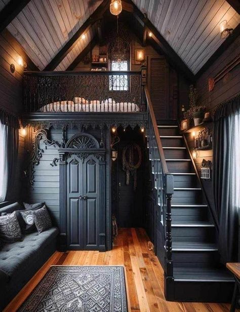 Gothic Tiny House, Tiny Home Ideas, Brooklyn Navy Yard, Tiny House Inspiration, Dark Home Decor, Dark Home, Frame House, Modern Tiny House, Tiny House Decor