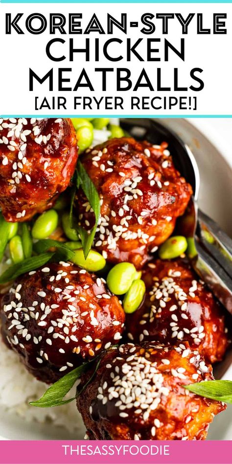 These Korean-inspired glazed chicken meatballs are the perfect weeknight meal solution, packed with a delicious balance of sweet, savory and spice. These juicy, homemade chicken meatballs come together in the air fryer in under 30 minutes, and are sauced up in a gochujang, brown sugar glaze. Whether you are serving these as minis for an appetizer, or full-size in a bowl, they are highly delicious! Asian Chicken Meatballs, Chicken Meatballs Healthy, Asian Turkey Meatballs, Spicy Asian Chicken, Gochujang Chicken, Korean Bbq Chicken, Meatballs And Rice, Glazed Meatballs, Chicken Meatball Recipes