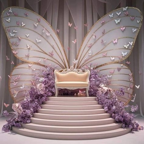 Pink Butterfly Decorations For Party, Lavish Wedding Decor, Birthday Stage Design, Butterfly Theme Decor, Stairs Flower Decoration, Event Background Design, Butterfly Wedding Decor, Pink Butterfly Decorations, Stage Background Decoration