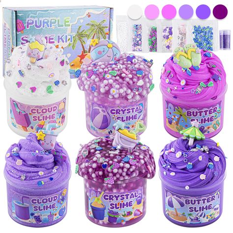 PRICES MAY VARY. 🍹【Purple Slime Kit】Our purple slime kit includes 3 different texture of slime: 2 packs of purple butter slime, 2 packs of purple cloud slime and 2 packs of purple clear crystal slime. Each container holds 60ml slime.Totally 360ml for the slime pack with charms. You can experience non-stick butter slime, super fluffy cloud slime and flexible clear slime all at the same time! 🍧【Gradual Purple & Various Add-ins】This purple slime kit is beach themed, graduating from white to dark Non Stick Slime, Beach Slime, Slime Accessories, Slime Party Favors, Purple Slime, Kids Slime, Slime Clear, Slime Making Kit, Slime Kits