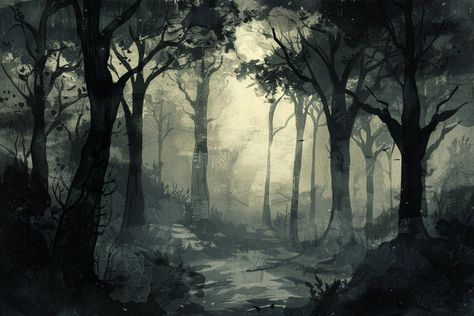 Introducing our 'Misty Forest Decoupage Paper,' perfect for adding a touch of mysterious elegance to your crafting projects. This high-quality decoupage paper features a beautifully detailed, hauntingly beautiful forest design, with dark, shadowy trees and a misty, ethereal background. The design is rendered in a monochromatic palette with shades of black, gray, and muted green, capturing the timeless allure of an enchanted woodland. Decoupage, the art of layering images onto surfaces, is elevat Misty Forest Background, Haunted Forest Painting, Haunted Forest Art, Forest Aesthetic Landscape, Ethereal Background, Mysterious Background, Printed Furniture, Trees Background, Enchanted Woodland